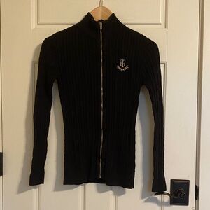 Tommy Hilfiger Women Black Full-Zip Ribbed Knit Sweater with Crest